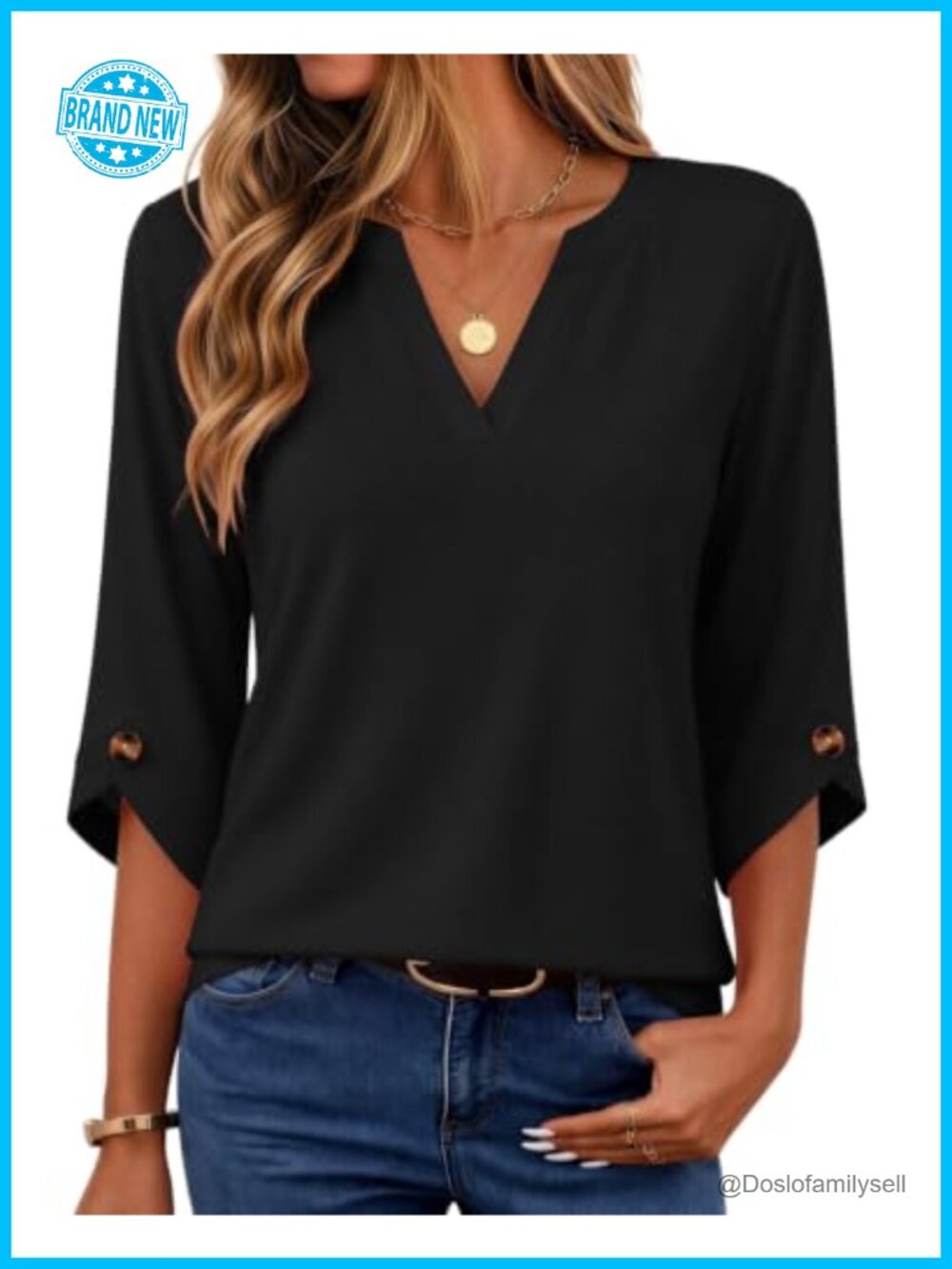 Womens 3/4 Sleeve V Neck Blouse Casual Dressy Flowy Curved Hem Top